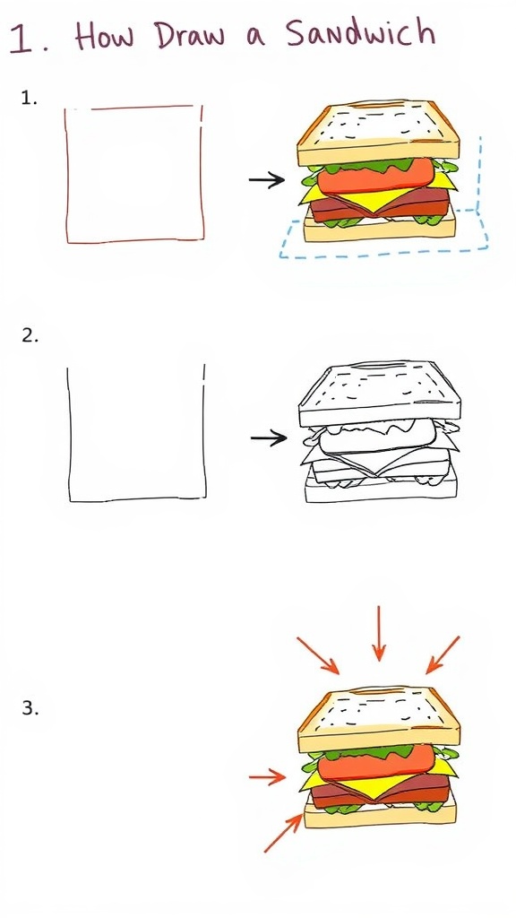 Step-by-step illustration of drawing a sandwich with colorful ingredients.